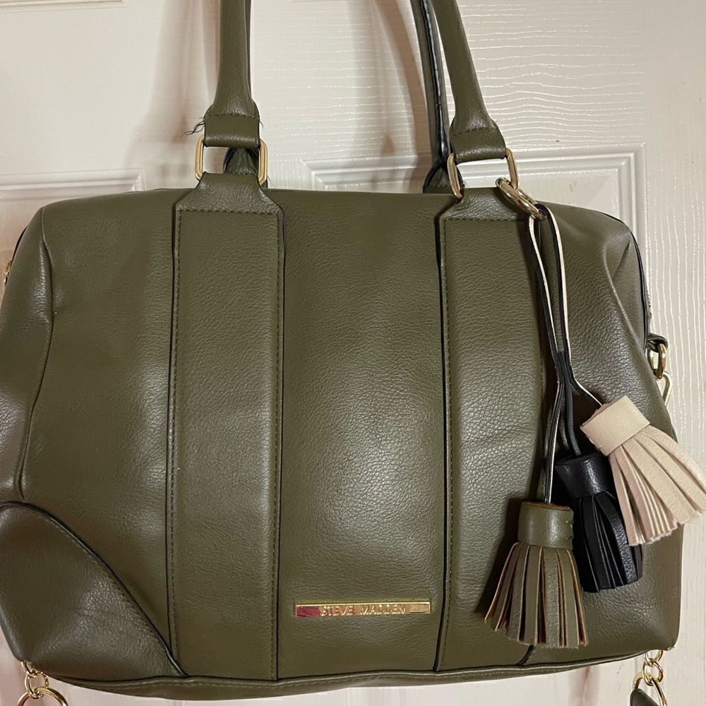 Steve Madden olive green satchel bag detachable shoulder strap tassel accent